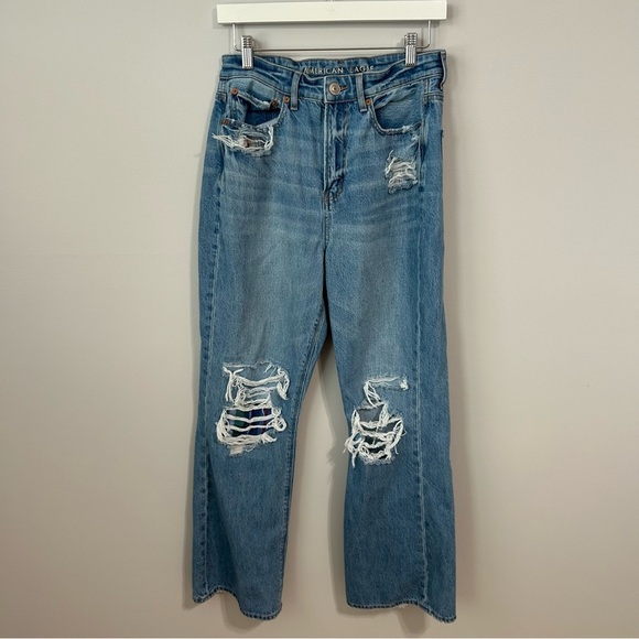 American Eagle Outfitters Highest Rise 90s Flare Blue Distressed Jeans Size 8 - Picture 2 of 8